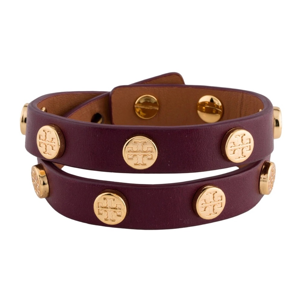 Tory Burch Burgundy Leather Double Wrap Bracelet with Gold Logo Studs